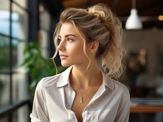 Smiling confident stylish woman 25 years old standing in home office. businesswoman, female executive business leader, manager or entrepreneur looking out the window, portrait