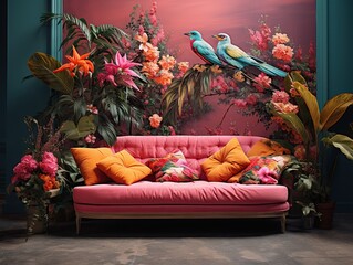 Luxurious pink sofa with soft pillows near a painted wall. Birds, many house plants and flowers, pink tones are painted on the wall. maximalism in the interior.