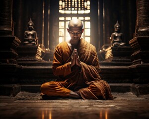 Buddhist monk kneels inside an old dark temple to worship.