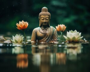 The Buddha statue is in the water with the lotuses.