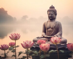 Buddha is sitting on a lotus over a lake.