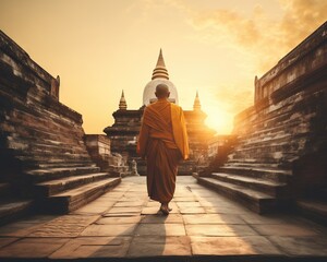 Buddhist monk walking at old temple at sunset.