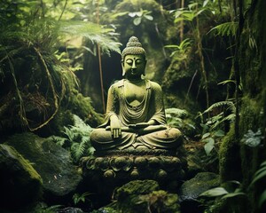 Buddha statue in the jungle is a buddhism religion.