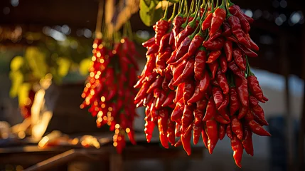 Fotobehang Hete pepers dried red chili hanging