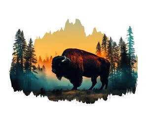 Double exposure bison and wild nature.