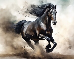 Black stallion galloping Beautiful horse kicking up dust.