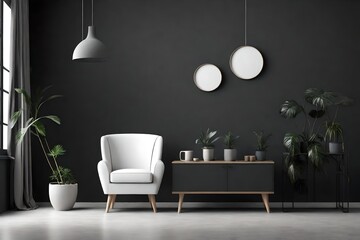 modern living room with white chair and dark black wall