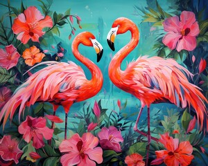 an emotional piece of flowers and flamingos.