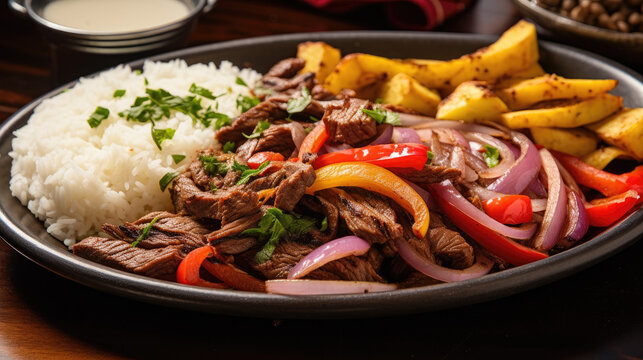 Lomo saltado stir fry marinated strip with onions, tomatoes, French fries served with rice