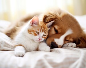 friendship between a cute puppy and a cat.