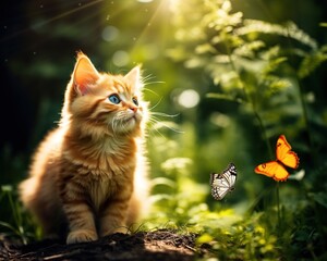 Naklejka na ściany i meble The fluffy cat is watching a flying orange butterfly.