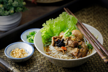 Pork Meatball Noodles with Thai Soup Thai people call it condensed boat noodles. Thai food concept.