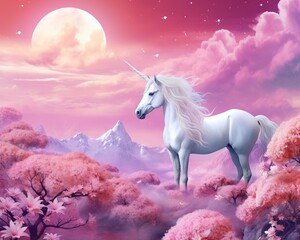 white unicorn is riding in a pink landscape with a mountn and big moon.
