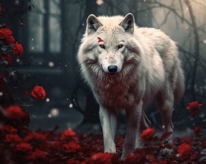 white wolf with blood on his standing in a forest with red roses and a dark forest.
