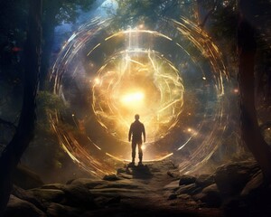 wanderer between worlds stands in front of portals to other worlds.