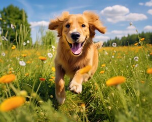 Happy Acive Golden Retiever Puppy Cute Dog Romp in the Meadow Valley.