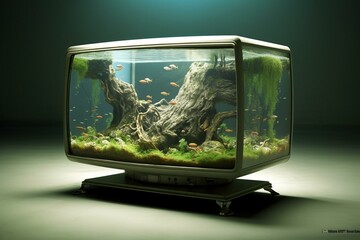 Television in tank on table, fusion of nature and technology, made using technology. Generative AI