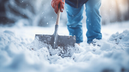 A person is mowing snow with a heavy shovel - obrazy, fototapety, plakaty
