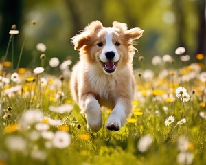 Happy Acive Golden Retiever Puppy Cute Dog Romp in the Meadow Valley.
