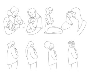 Mom holds the baby collection, line vector minimalistic illustration. Vector illustration