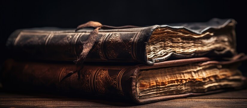 Old Jewish books with worn leather binding and a blurred open Torah in the dark background Closeup view with selective focus