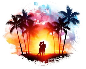 watercolor silhouette of a romantic couple in love.