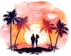watercolor silhouette of a romantic couple in love.