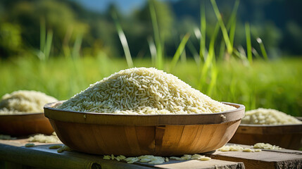 raw rice in wooden basket on wooden table in rice field