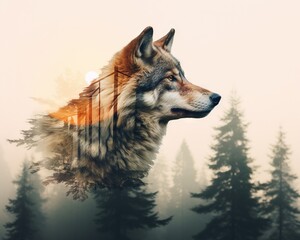 Wolf and forest double exposure is an animal forest.