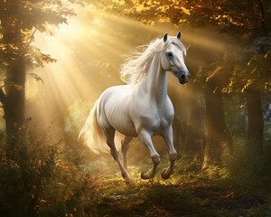 white horse is in an enchanted forest.