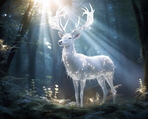White deer in enchanted forest. - obrazy, fototapety, plakaty