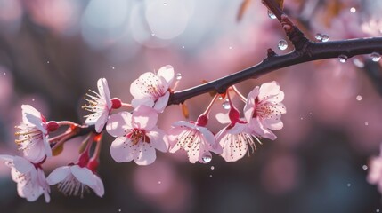 Cherry Blossom Branch with Delicate Blossom and Dew Drops
