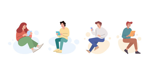 Young people using smartphones for online communication and social media interaction. Flat cartoon character illustration set.