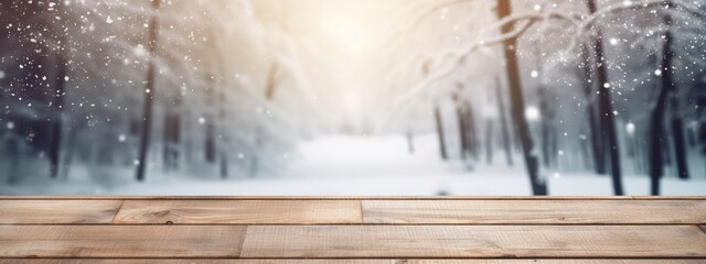 Winter Bokeh Background with Wooden Plank and Snowy Forest


