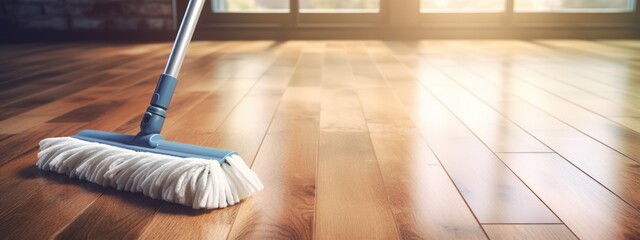 Parquet Floor Cleaning with Mop - obrazy, fototapety, plakaty