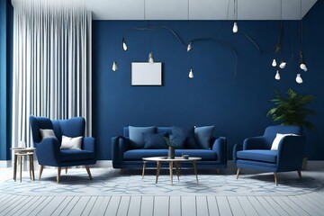 Modern luxury room interior with blue furniture and blue wall