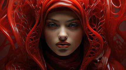 portrait of a woman with red abstract futuristic hair