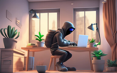 3d illustration  of a Hacker sitting on a sofa in chair in front of a window