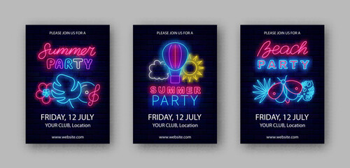 Summer party neon vertical posters collection. Beach event flyers set. Light advertisings template. Vector illustration - obrazy, fototapety, plakaty