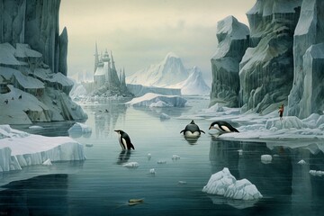 A tranquil Arctic seascape with penguins and fish in an underwater environment. Generative AI - obrazy, fototapety, plakaty