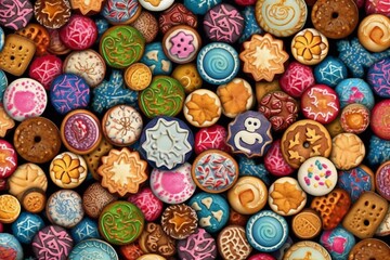Fototapeta na wymiar Colorful holiday treat pattern of iced cookies. Generative AI
