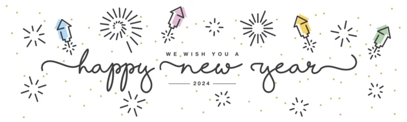 Tuinposter Happy new year 2024 eve line design handwritten typography lettering. 2024 celebration with big fireworks and confetti on a white background © simbos