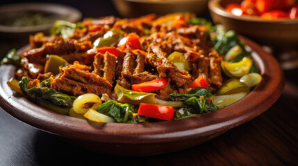 vegan food with plant based meat and vegetables