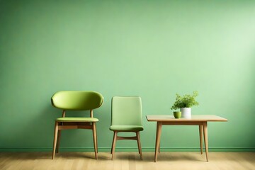 Fototapeta na wymiar table and chair with lamp in the interior of the house with blank see green wall on the back interior luxary design 