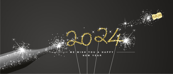 We wish you Happy New Year 2024 eve handwritten tipography 2024 golden glitter stars sparkler fireworks open champagne bottle black background greeting card