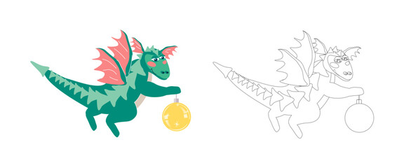 New Year's children's coloring book green winged dragon with a yellow Christmas ball. Vector cartoon illustration for children's books with coloring example