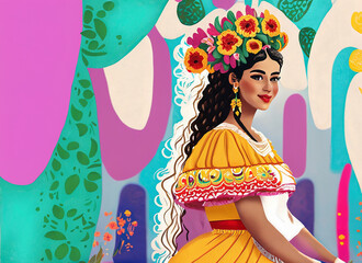 Traditional Mexican woman on colorful background with flower crown