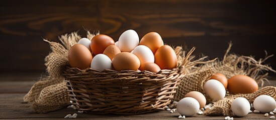 Place text organic eggs by a wicker basket containing brown eggs