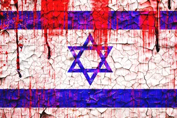 Foto op Plexiglas Israel flag painted over cracked concrete wall.blood effect on Israel flag. hamas israel conflict concept. © sameer