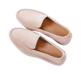 A pair of spring shoes. Beige suede loafers isolated on white background